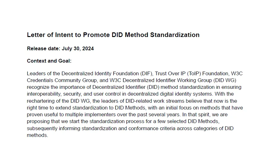 분산 신원(DID)의 표준화를 위한 LOI(의향서) 체결 (Letter of Intent (LOI) to standardize decentralized identity (DID))