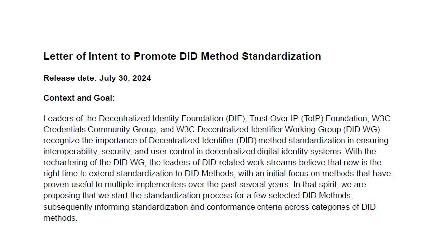 분산 신원(DID)의 표준화를 위한 LOI(의향서) 체결 (Letter of Intent (LOI) to standardize decentralized identity (DID))